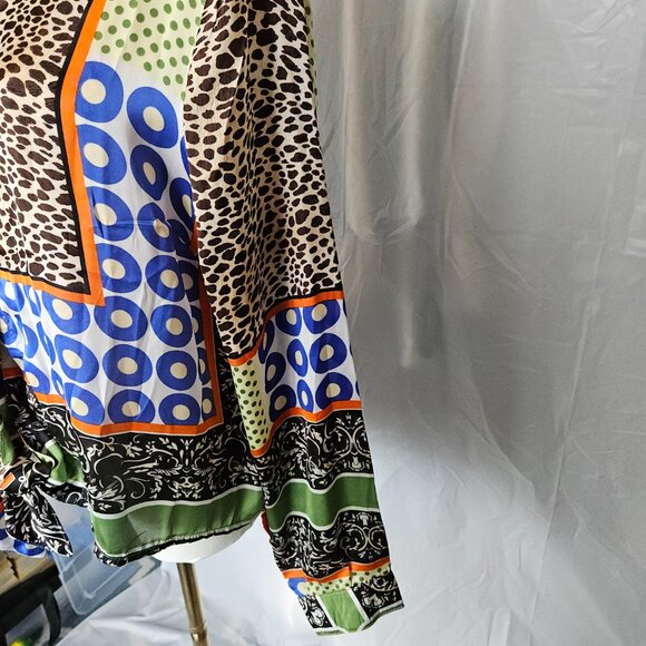 Kaktus XL Patchwork Print Button Front Tie Blouse - Picture 4 of 8